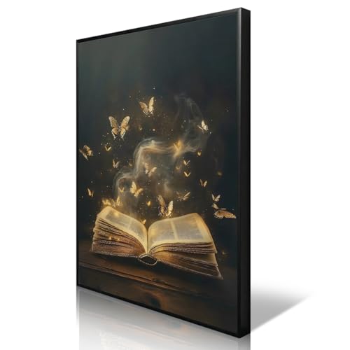 YOZWNGU Book Canvas Wall Art, Golden Butterflies and Open Book Aesthetic Poster, Dark Academia Library Reading Nook Print, Dark Romance Bookish Art Painting Gift for Read Lover 12x16in Unframed