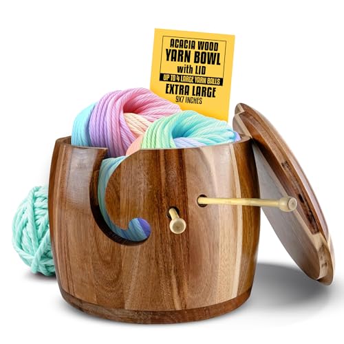Tyck Design Large Acacia Wood Yarn Bowl with Lid, 9x7 Inch
