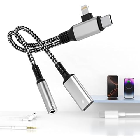 Lightning/USB Type C to 3.5mm Headphone and Charger Adapter, 2-in-1 USB C to Aux Audio Jack and 60W USB-C Fast Charging Dongle Cable Splitter Compatible with iPhone 16 15 14 13 Pro Max,Galaxy,Pixe Cover