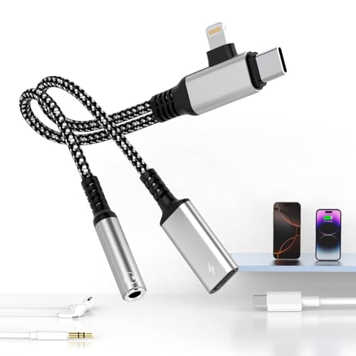 Lightning and USB C to 3.5mm Headphone and Fast Charger Adapter 2-in-2 iPhone Type-C to 3.5mm Jack Aux Adapter Converter Dongle Audio Cable for ipad iPhone 16 15 14 Samsung,Pixe, Support Calling