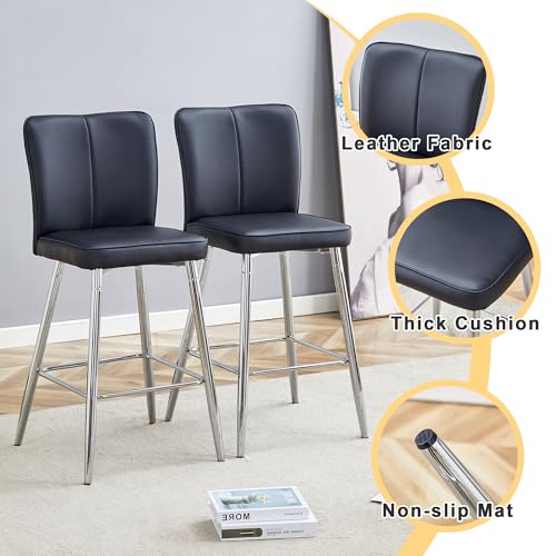 Image of Counter Height Bar Stools Set of 6,27''Kitchen Island Stools with Back,Black Barstools with Sturdy Metal Legs,Modern Bar Stools Ideal for Kitchen Island Pub Cafe(Faux Leather-Black)