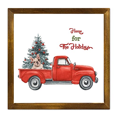 Panneau de Noël en bois plaque encadrée déco murale rétro Labrador camion rouge