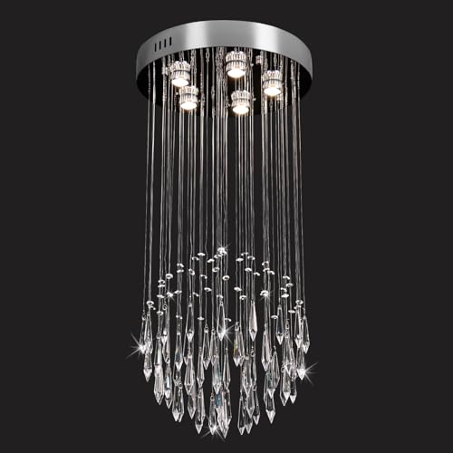 FRIXCHUR 5-Light Raindrop Crystal Chandelier Modern Crystal Chandeliers Flush Mount Ceiling Light Fixture Entryway Foyer Staircase Lighting for High Ceilings Living Room Hallway Dia 15.7" - Image 9