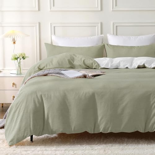 MILDLY Bettwäsche 135x200 Baumwolle, Bettwäsche-Sets Vintagegrün 2 Teilig mit Reißverschluss Ähnliche Textur wie Stone Washed Leinen und Enthält...