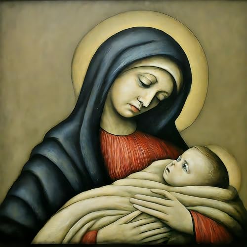 Pack of 8 Religious Christmas Cards & Envelopes. Mary & Baby Jesus Lowry Style Art Design