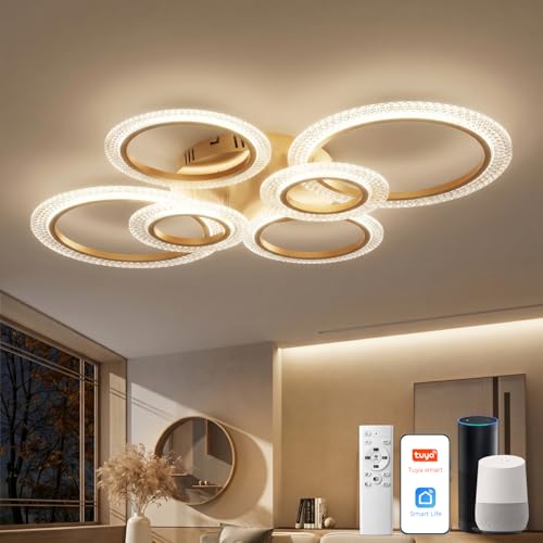 YUNLONG Lámpara de Techo Inteligente LED 6 Anillos, Plafón WiFi Compatible con Alexa y Google Home, App Tuya/Smart Life, Regulable 40W 4000LM con Memoria, para Salón y Dormitorio, Dorado