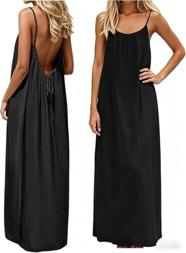 Backless Cami Dress Womens Summer Casual Sleeveless Dresses for Beach 2026 Vacation Open Back V Neck Tshirt MooMoo Loose Fit Sun Dress Plain Dresses Summer Clothes Women Black