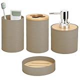 4 Pieces Bamboo Bathroom Accessories Set, Bathroom Accessory Set with Soap Dispenser and Toothbrush Holder, Soap Dish and Toothbrush Cup, Boho Bathroom Decor(Beige)