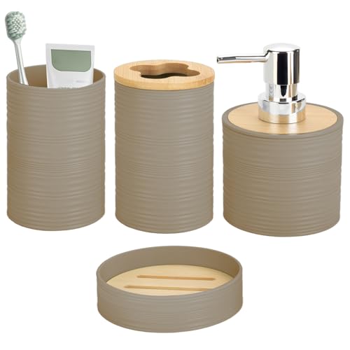 4 Pieces Bamboo Bathroom Accessories Set, Bathroom Accessory Set with Soap Dispenser and Toothbrush Holder, Soap Dish and Toothbrush Cup, Boho Bathroom Decor(Beige)