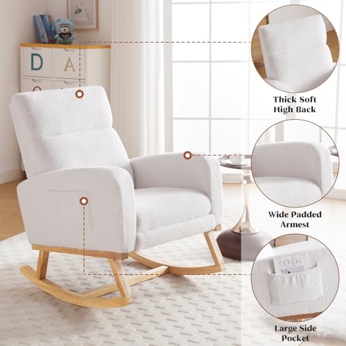 Image of HCHAIRH Rocking Chair Nursery with Foot Rest, Nursing Rocking Chairs for Mom Nursery, Teddy Rocker Glider with High Backrest for Living Room, Bedroom, White