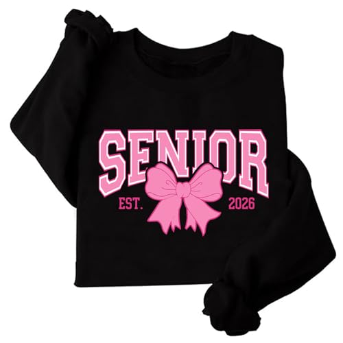 Image of TONGCHEN Senior 2026 Bow Sweatshirt Class of 2026 Senior 26 Crewneck Pullover Sweatshirts Women (US, Alpha, X-Large, Regular, Regular, Black)