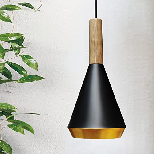 ouglres Pendelleuchte Metall Schwarz Gold,Einflammig Vintage Holz Hängelampe Höhenverstellbar,Kücheninsel Hängeleuchte Industrial E27 Für Esstisch Schlafzimmer Flur Wohnzimmer Bar Restaurant Cafe