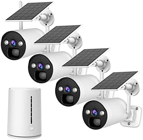 2K Solar Wireless Security Camera System Outdoor, 4MP Home Battery Powered Bullet Security Camera CCTV Set with Base Station, 4 Cams & 4 Solar Panels, Human Detection, Color Night Vision, 2-Way Audio