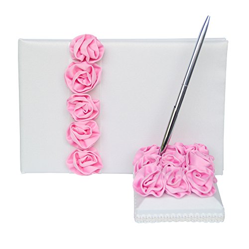 Arksu Guest Book And Pen Set Holder, Hardcover With Stain Ribbon Rose For Rustic Wedding Ceremony Party Favor-Pink, 72 Pages #TOP24