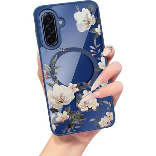 Image of VONZEE Compatible with Samsung Galaxy A17 5G Case Luxury Retro Flowers Floral Clear for Magnetic Wireless Charging Case Shockproof PC+TPU Cute Glossy Shiny Cover for Girls Women, Blue
