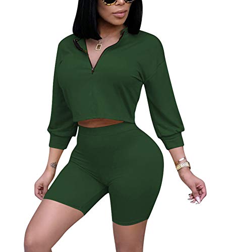 2 Pieces Sexy Sportwear Set for Women Short Sleeve Crop Tops+Solid Color Skinny Pants Tracksuit Set Green S