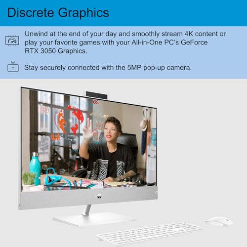 Image of HP Pavilion All-in-One Desktop, 27 inch FHD Touchscreen, Intel Core i7-13700T, NVIDIA GeForce RTX 3050, 64GB RAM, 2TB SSD, IR Camera, Wireless Keyboard & Mouse, Wi-Fi 6, Windows 11 Home, White