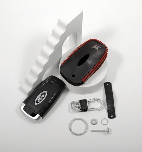 Image of Leather Smart Car Key Cover Case with Metal Hook Keychain for Ford EcoSport (Black)