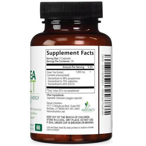 Green Tea Extract Capsules - 3X Strength Green Tea Extract 1000 mg Per Serving Pills with 45% EGCG & 98% Polyphenols for Natural Energy - Antioxidant Herbal Heart Support Supplement - 60 Capsules