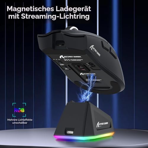 ATTACK SHARK X11 Gaming Mouse mit Magnetic Charging Dock, PixArt PAW3311 Gaming Sensor, BT/2.4G Wireless/Wired Gaming Mouse, 22000 DPI, Office Mice Gamer Mice Mice for Win11/Xbox/PS/Mac (Schwarz) 4