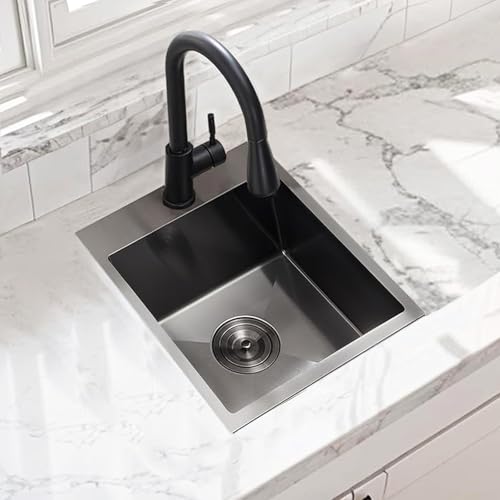Image of 15 Inch Drop In Bar Sink, Gunmetal Black 15x17x9 Topmount Stainless Steel Single Bowl Wet Bar Prep RV Outdoor Small Kitchen Sinks 16 Guage with Drain