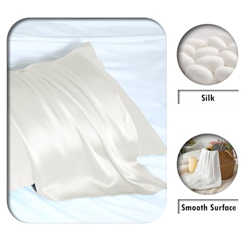Silk Pillow Cases 2 Pack Soft Breathable and Sliky Standard Size Pillow Cases Set of 2,Natural Mulberry Satin Silk Pillowcase with Hidden Zipper for Hair and Skin (Ivory,20"X 26",2pcs)