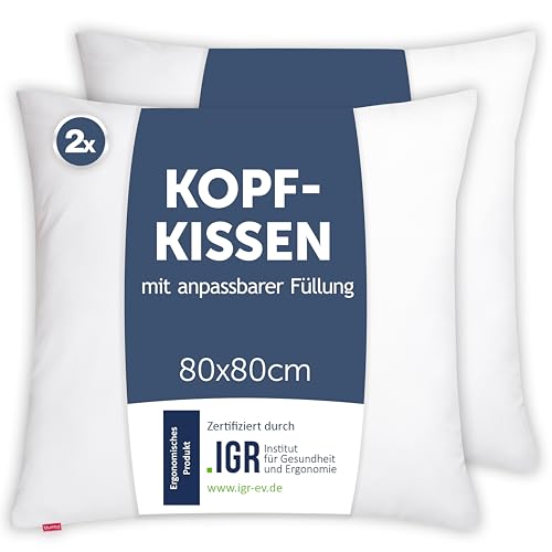 Blumtal Kopfkissen 80x80 cm 2er Set - Nackenkissen mit anpassbarer Füllung - 100% Mikrofaser & waschbar bis 95 Grad - höhenverstellbares Kissen
