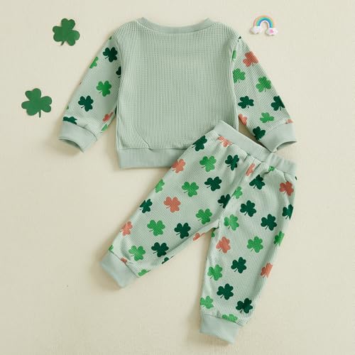 Image of Toddler Baby Boy Girl St Patricks Day Outfit Lucky Embroidery Waffle Long Sleeve Sweatshirt Pants Spring Clothes Set