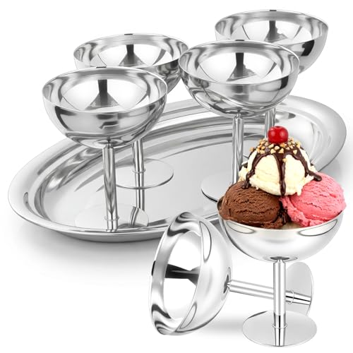 Ferrochef 4 Pcs 8 oz Stainless Steel Ice Cream Cups with Oval Silver Coupe Glasses Silver Trays Ice Cream Bowl Serving Dessert Cups for Pudding Fruit Salad Yogurt Candy Summer Party