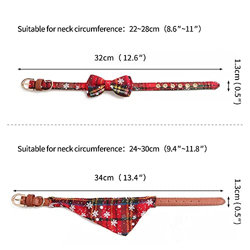 Wpond Dog Cat Collar and Bandana Set Pet Christmas Collar Classic Plaid Snowflake Adjustable Collars with Bow and Triangle Bibs Kerchief,Green Snowflake + Bandana