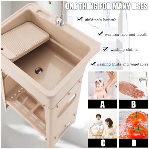 Portable Hand Washing Station - Freestanding Sink with Hot & Cold Faucet, Utility Tub & Laundry Washboard for Garage, Basement & Garden - Plastic, Gray, Single Cold