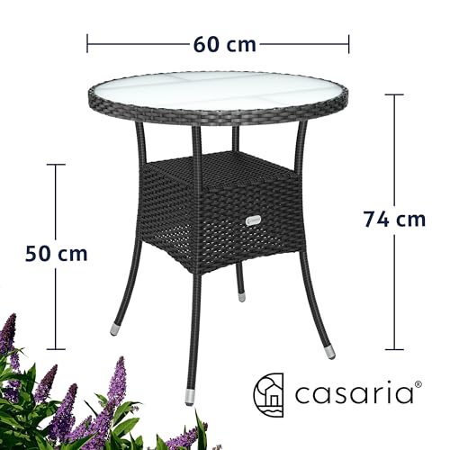 Casaria® Polyrattan Gartentisch 60cm Rund 5mm Sicherheitsglas Höhenverstellbar 80kg Belastbarkeit Wetterfest Terrasse Balkon Beistelltisch Tisch Schwarz