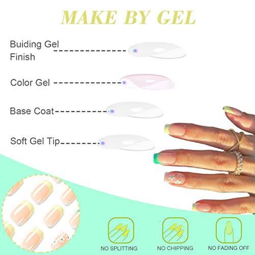 French Tips Press On Nails Short With White Flower Design Square Fake Nails Yellow Green French Nails False Nails With Glue Stickers Spring Press On Nail Acrylic Glossy Stick On Nails For Women Girls #TOP5