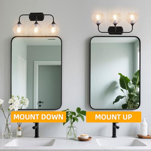 Image of MantoLite Bathroom Vanity Light 3-Light Crystal Wall Sconces Matte Black | Fog-Proof Modern Wall Lights 20'' Bathroom Light Fixtures Over Mirror Ribbed Glass,E26 Hardwired(Max 60W)