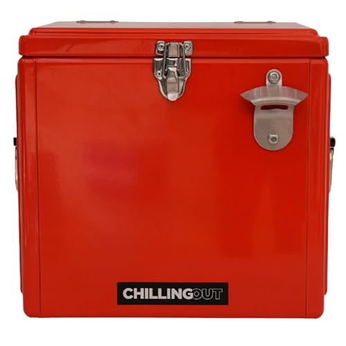 COMERCIALIZADORA 2025 Hielera metálica Chilling-out roja 15L con destapador Integrado | Mantiene Hielo hasta 24h | Ideal para Playa, Camping, Pesca o reuniones | Diseño Retro, Resistente y Compacto