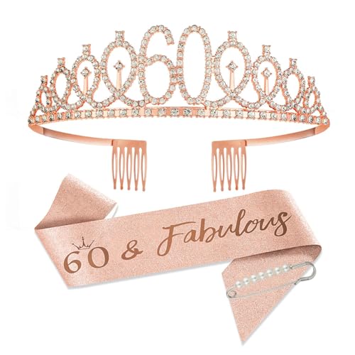 SCBOY Deco 60 Cumpleaños Mujer 60 Años Mujer Corona De Oro Rosa Y Fajín Decorativo Para Decoraciones De Cumpleaños