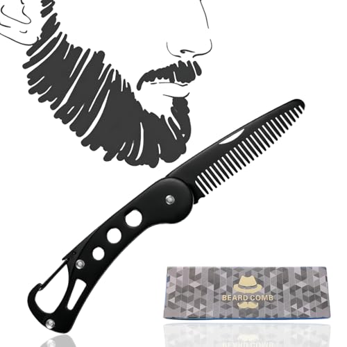 Xfopz Stainless Steel Folding Beard Comb, Portable Multifunction Anti Static Comb for Men Mustache Styling, Anti-Static Beard Styling Pocket Beard Comb