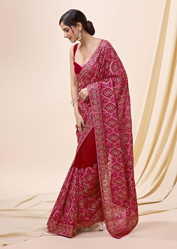 Image of TRENDMALLS Women's Vichitra Silk Heavy Embroidery With Siroski Stone Work Saree with Unstitch Blouse Piece For Women
