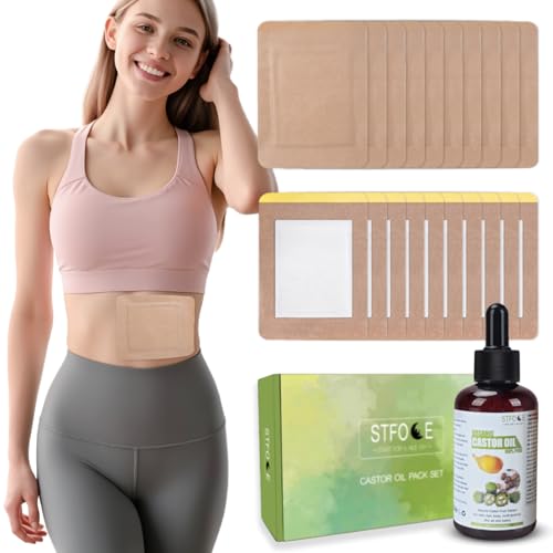 STFOCE 20Pcs Castor Oil Pack Wrap, Castor Oil Packs Self-Adhesive, Anti Leakage, No Wash, Portable, Cold Pressed Organic Castor Oil Unrefined in Dark Bottle (4fl.oz/125ml), for Home and Travel