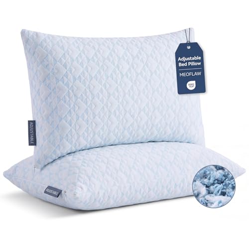 Meoflaw Adjustable Memory Foam Bed Pillows:Queen Size Shredded Foam Pillow Set of 2 for Sleeping with Removable & Washable Pillowcase for Back,Side & Stoamch Sleeper-Medium Firm