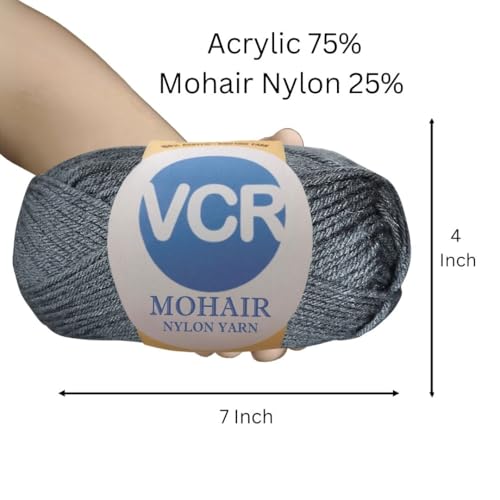 Image of VCR Mohair Nylon Dark Grey Yarn, 100 Grams Hank, 196 Meters Length, Acrylic 75%, Mohair Nylon 25%, Pack of 1 Yarn, Soft Crosia Threads, Suitable for Winter Garments.