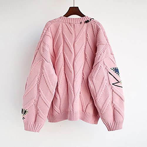 Bticx Cardigã feminino bordado, casaco de tricô quente, gola V, manga comprida, cardigã bordado com