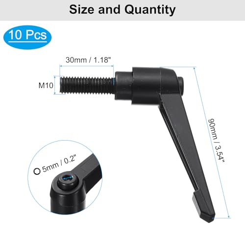 Image of uxcell 10pcs Lever Adjustable Handles M10 x 30mm Metric Male Thread, Level Clamping Handle Hand Stud Knobs Rotating Screw Handles Bolts with Locking Lever, Black