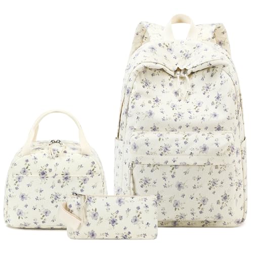 BTOOP Mochila escolar para meninas, crianças, adolescentes, conjunto de mochila escolar fofa com lancheira isolada, Flor roxa 201, Medium, Mochilas de mochila