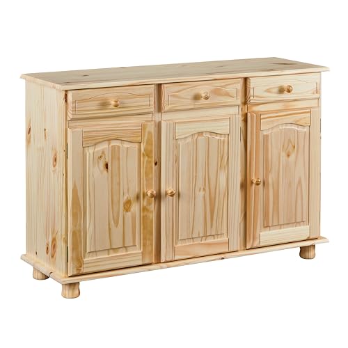 Inter Link – Landhausstil Kommode – Sideboard – Sideboard Buffet – Landhausstil – Beistellschrank - Kiefer massiv – 3 Türen – 3 Schubladen – Natur lackiert - Abaco