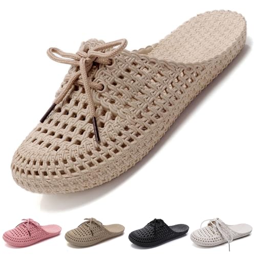 VEXITO Clogs Damen Gartenschuhe Frauen Pantoletten Sandalen Hausschuhe Schleife Geschlossen Verstellbar Sommer Schuhe Wolken Slides Cozies Slipper Beige. Gr.42 43 /260mm