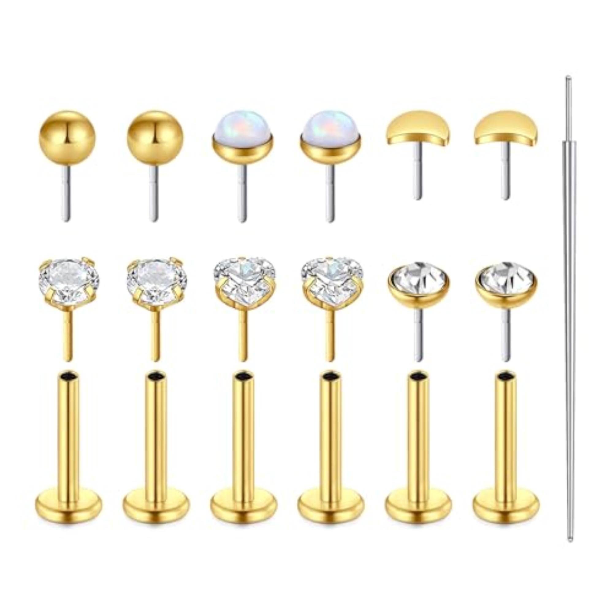 6pcs 18G Cordless Nose Piercing Rings, Opal Stainless Steel