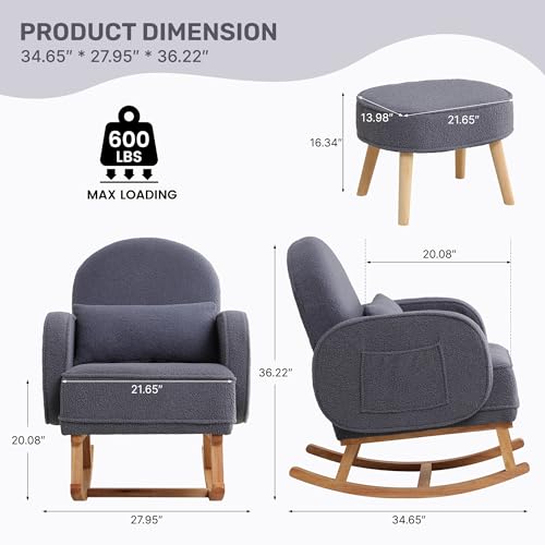 Image of HCHAIRH Nursery Rocking Chair with Footrest, Upholstered Glider Rocker with High Backrest and Side Pocket, Rocking Accent Armchair with Solid Wood Legs for Nursery, Living Room, Bedroom Dark Grey