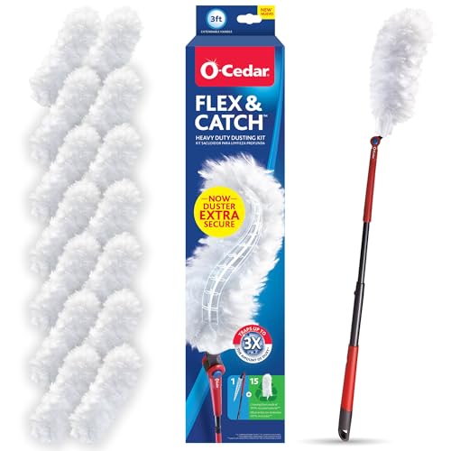 O-Cedar Flex & Catch Heavy Duty Dusting Kit with 15 Disposable Duster Refills | New & Improved Model | Extendable 3 Ft Handle with Stay-On Duster Hook | Traps 3X More Dust Than Feather Dusters