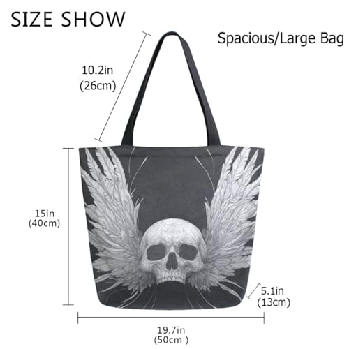Cool Skull Wtih Wing Black Extra Large Canvas Gym Shoulder Tote,Durable Reusable Daily Top Handle Bag for Mens Womens Yoga Weekender Picnic Beach Travel Market Shopping4